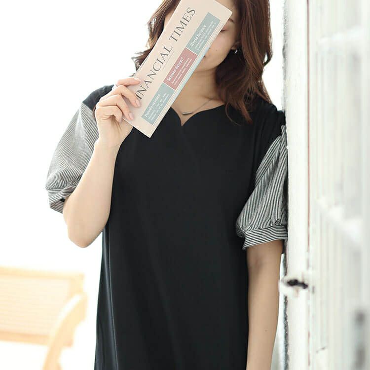 大きいサイズ レディース ストライプバルーンスリーブハートネックワンピース　cast-5544038 【メール便可】