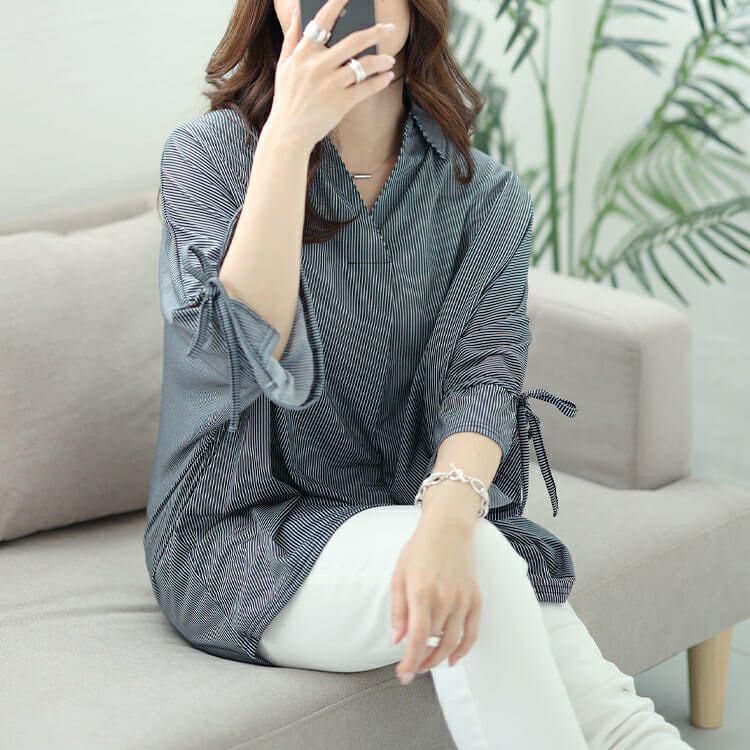 大きいサイズ レディース 袖リボンスキッパーシャツストライプトップス　cast-5544033 【メール便可】