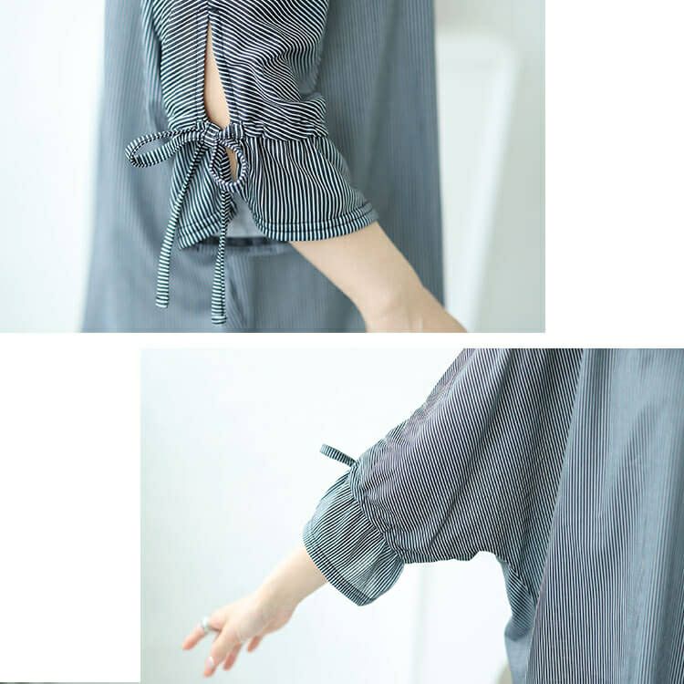 大きいサイズ レディース 袖リボンスキッパーシャツストライプトップス　cast-5544033 【メール便可】