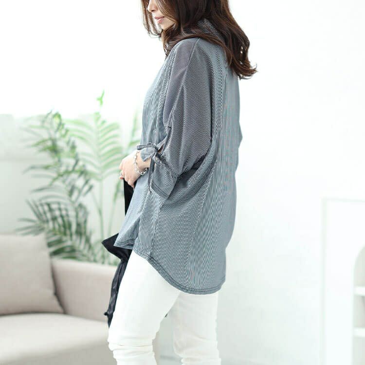 大きいサイズ レディース 袖リボンスキッパーシャツストライプトップス　cast-5544033 【メール便可】