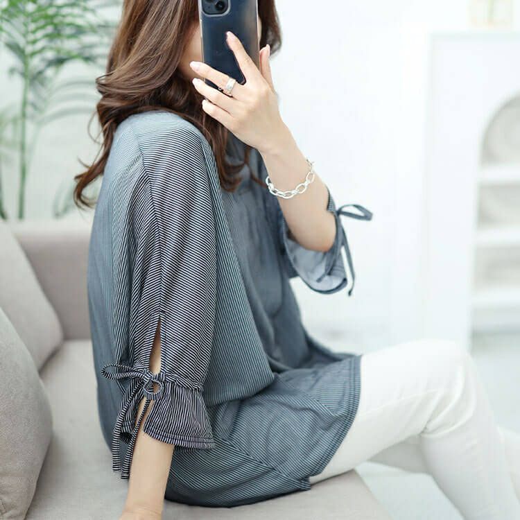 大きいサイズ レディース 袖リボンスキッパーシャツストライプトップス　cast-5544033 【メール便可】