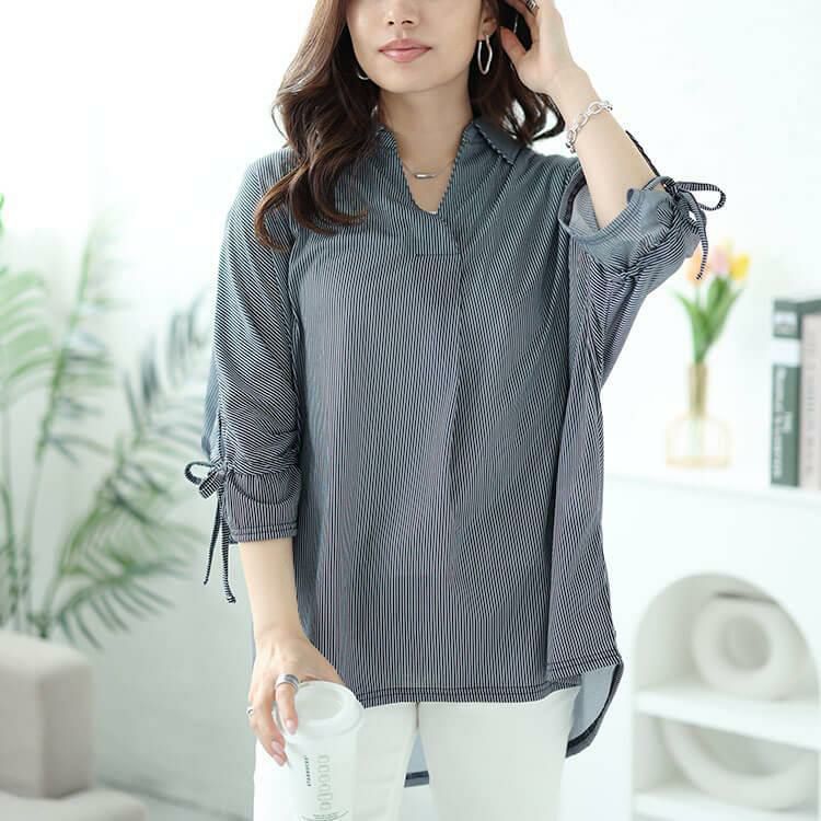 大きいサイズ レディース 袖リボンスキッパーシャツストライプトップス　cast-5544033 【メール便可】 ブラック