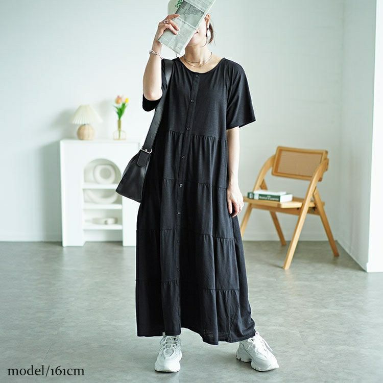 大きいサイズ レディース 前ボタンティアードマキシワンピース　cast-5544026