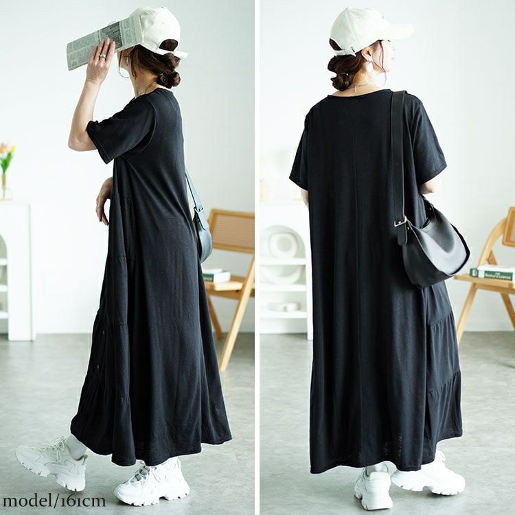 大きいサイズ レディース 前ボタンティアードマキシワンピース　cast-5544026