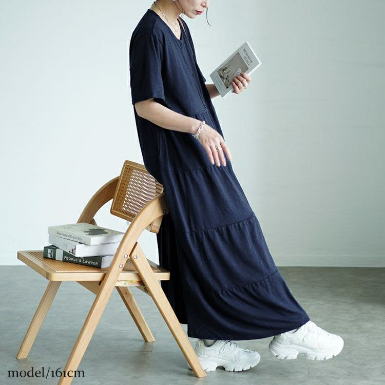 大きいサイズ レディース 前ボタンティアードマキシワンピース　cast-5544026