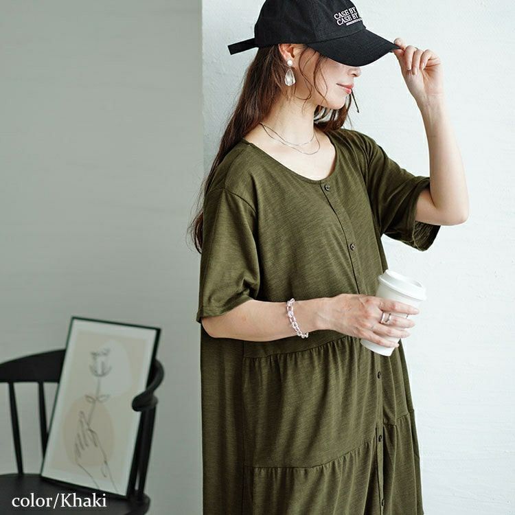 大きいサイズ レディース 前ボタンティアードマキシワンピース　cast-5544026