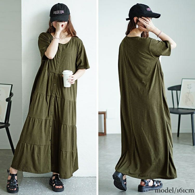 大きいサイズ レディース 前ボタンティアードマキシワンピース　cast-5544026