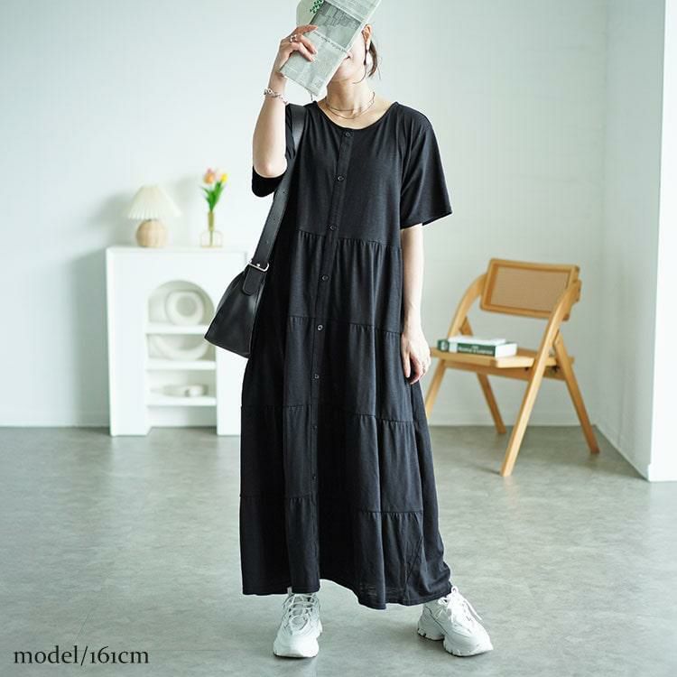 大きいサイズ レディース 前ボタンティアードマキシワンピース　cast-5544026 ブラック