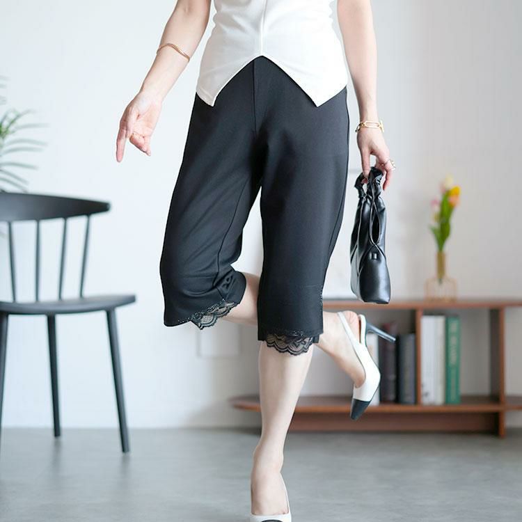 大きいサイズ レディース 裾レース五分丈パンツ　goldy-1526 【メール便可】 ブラック