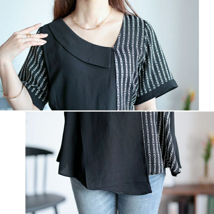 大きいサイズ レディース 柄切替えアシンメトリートップス　goldy-1525 【メール便可】