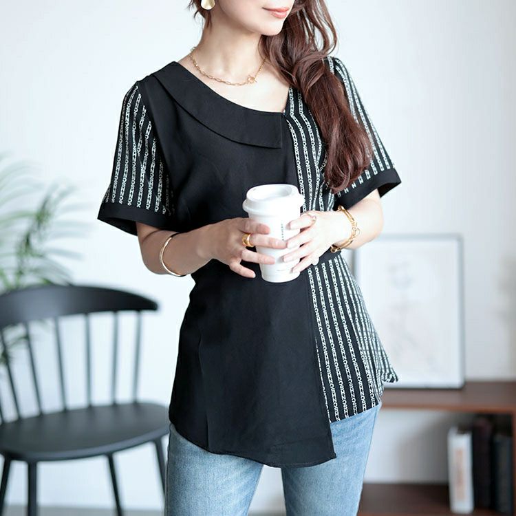 大きいサイズ レディース 柄切替えアシンメトリートップス　goldy-1525 【メール便可】