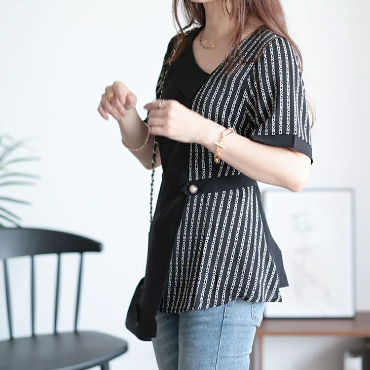 大きいサイズ レディース 柄切替えアシンメトリートップス　goldy-1525 【メール便可】