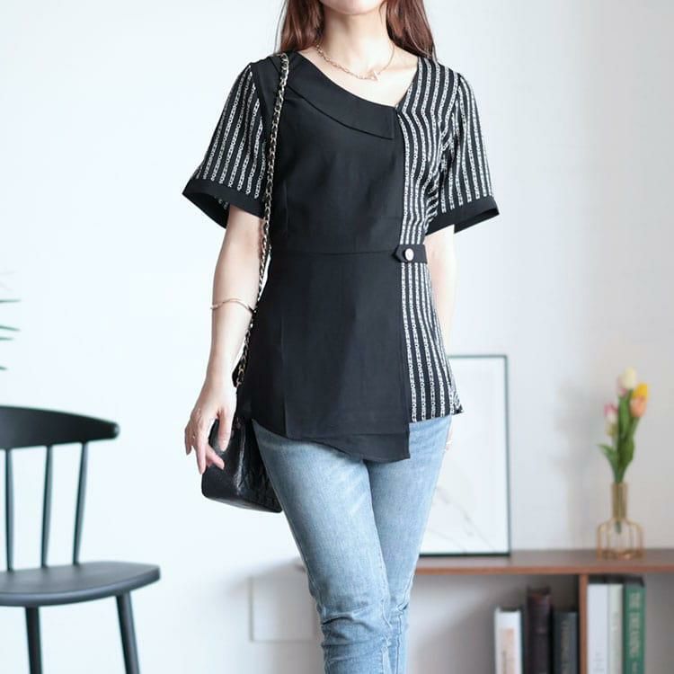 大きいサイズ レディース 柄切替えアシンメトリートップス　goldy-1525 【メール便可】 ブラック