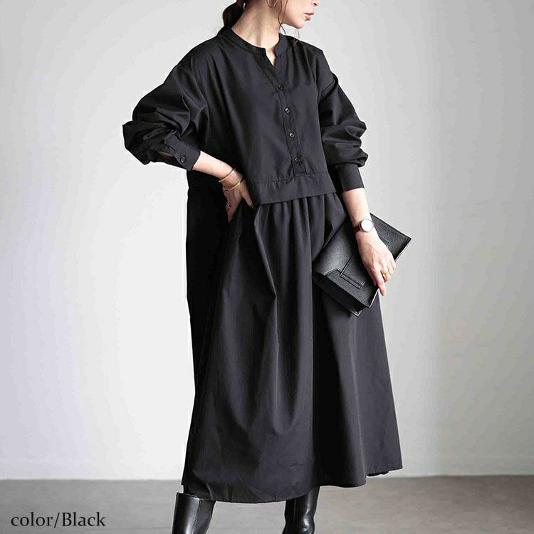 大きいサイズ レディース レイヤード風スキッパーネックフレアワンピース　fem-486