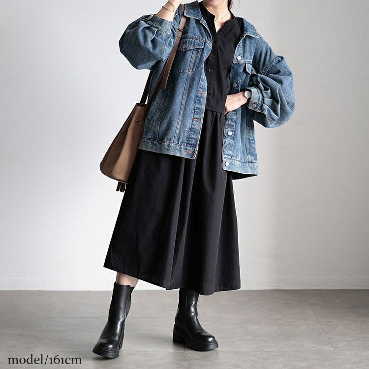 大きいサイズ レディース レイヤード風スキッパーネックフレアワンピース　fem-486