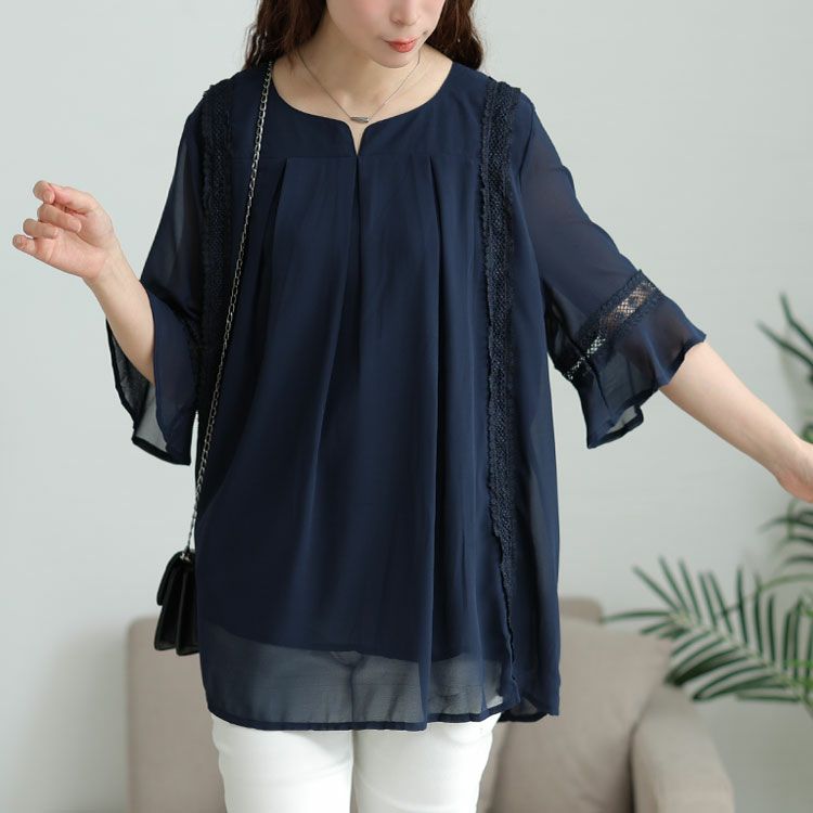 大きいサイズ レディース バックプリーツタックシフォンチュニック　nh240364 【メール便可】