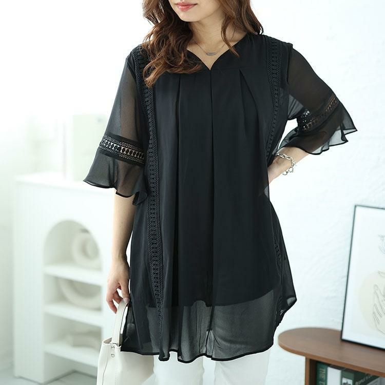 大きいサイズ レディース バックプリーツタックシフォンチュニック　nh240364 【メール便可】 ブラック