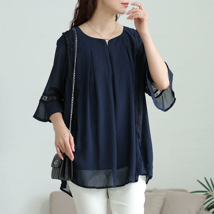 大きいサイズ レディース バックプリーツタックシフォンチュニック　nh240364 【メール便可】 ネイビー