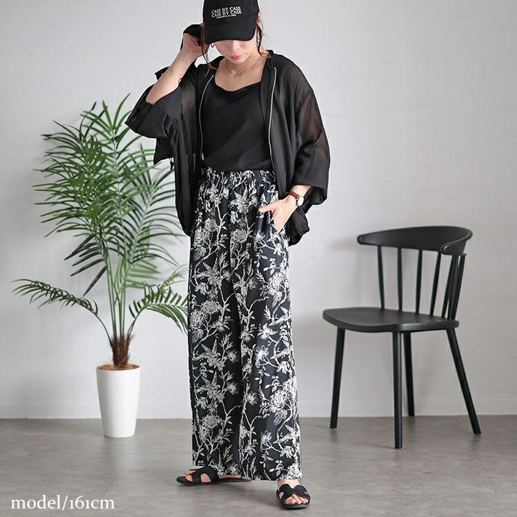 大きいサイズ レディース ボタニカルフラワー＆バード柄ワイドパンツ