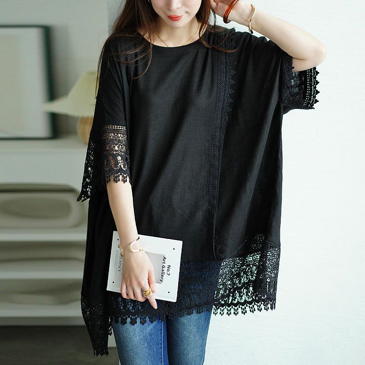 大きいサイズ レディース アシンメトリーレース使い麻混プルオーバー　tog-1002