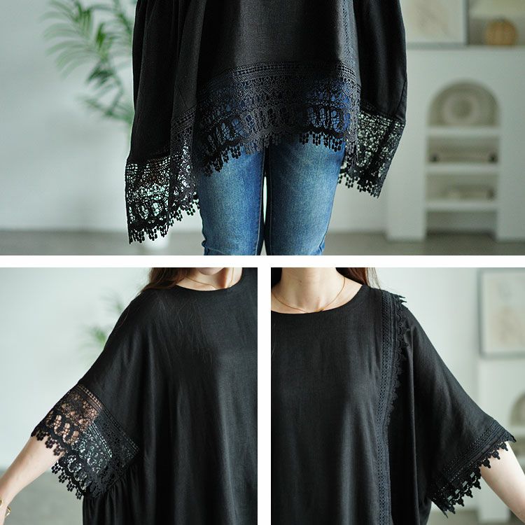 大きいサイズ レディース アシンメトリーレース使い麻混プルオーバー　tog-1002