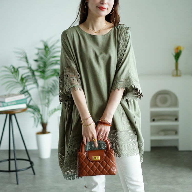 大きいサイズ レディース アシンメトリーレース使い麻混プルオーバー　tog-1002