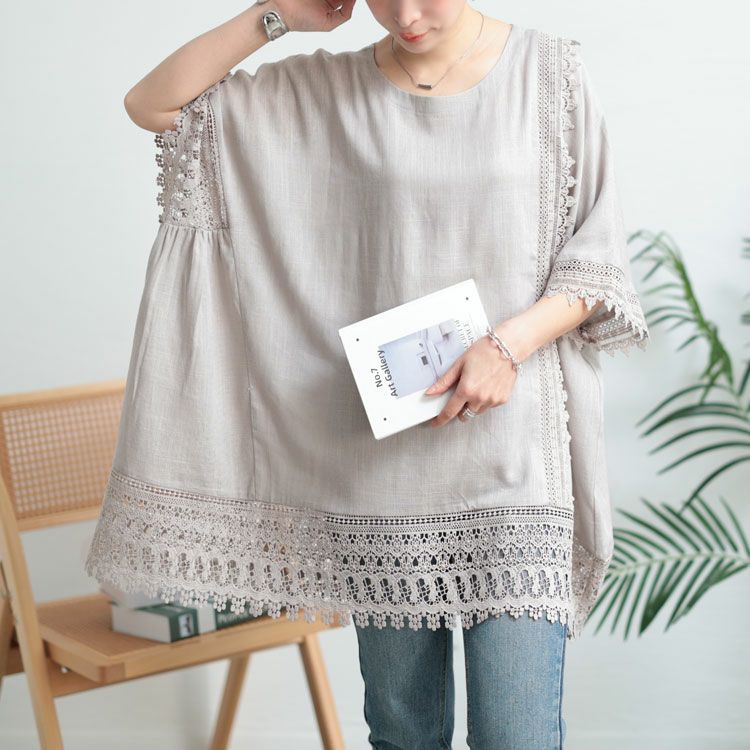 大きいサイズ レディース アシンメトリーレース使い麻混プルオーバー　tog-1002