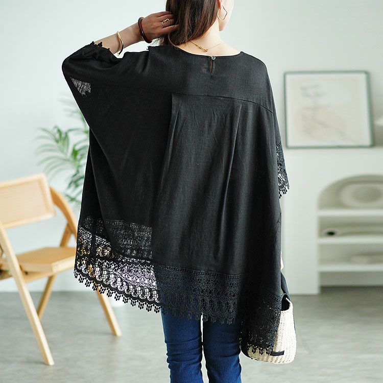 大きいサイズ レディース アシンメトリーレース使い麻混プルオーバー　tog-1002