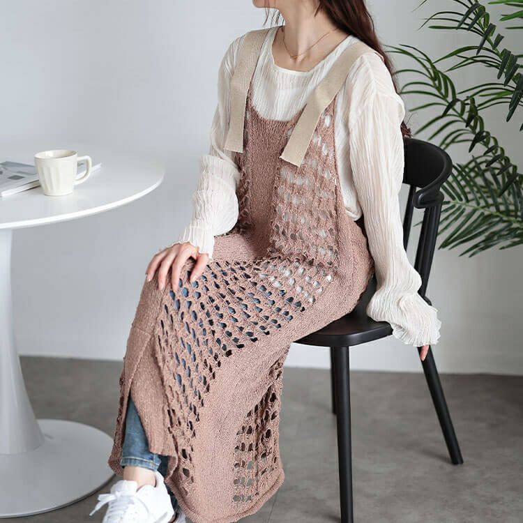 大きいサイズ レディース 透かし編みレーススリットサロペットワンピース　and-aa5077