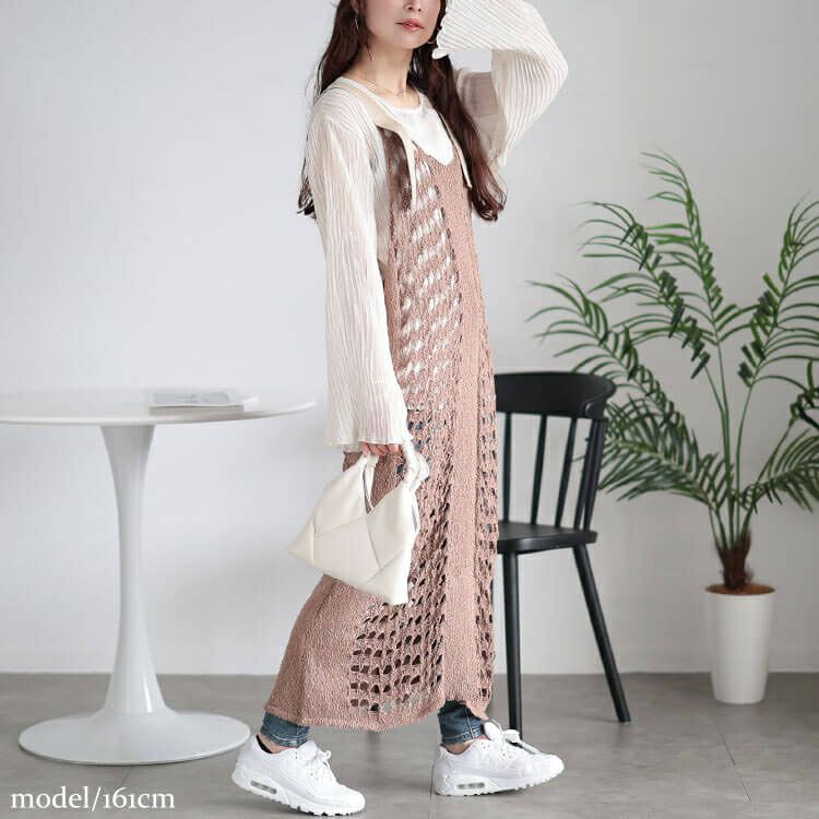 大きいサイズ レディース 透かし編みレーススリットサロペットワンピース　and-aa5077