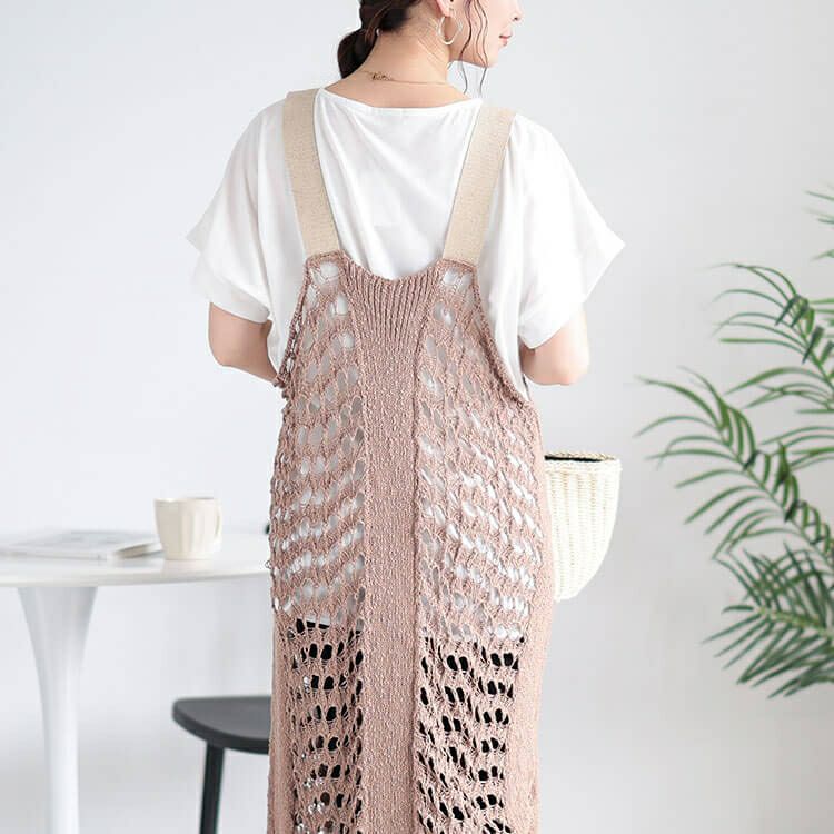 大きいサイズ レディース 透かし編みレーススリットサロペットワンピース　and-aa5077