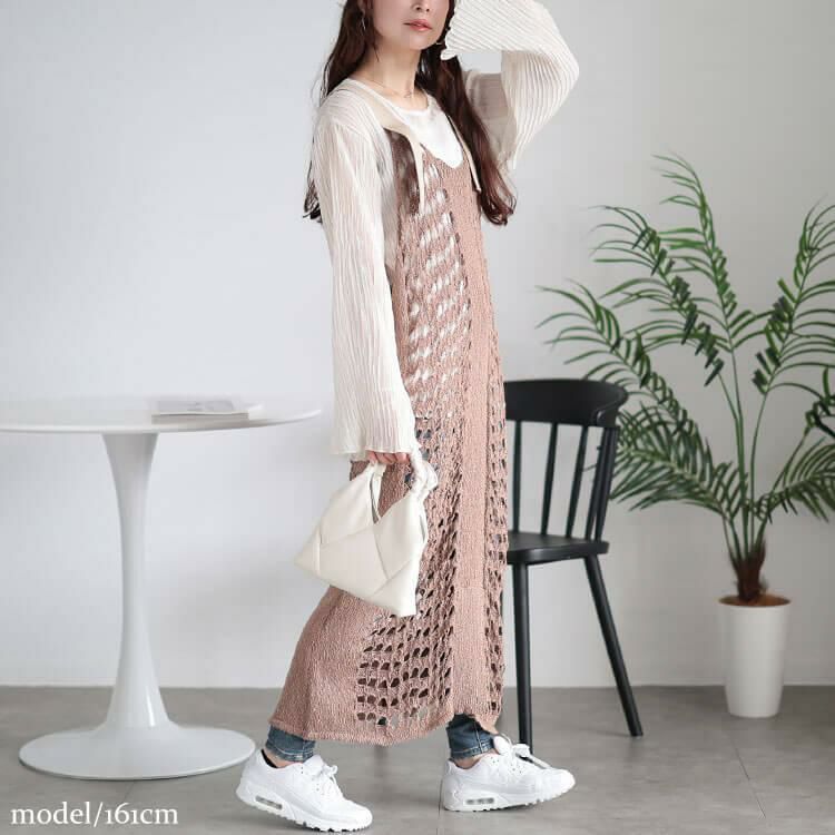 大きいサイズ レディース 透かし編みレーススリットサロペットワンピース　and-aa5077 ブラウン