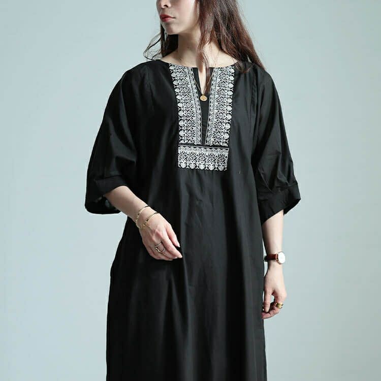 大きいサイズ レディース エスニック刺繍キーネックインド綿ワンピース　kt-24mi3 【メール便可】