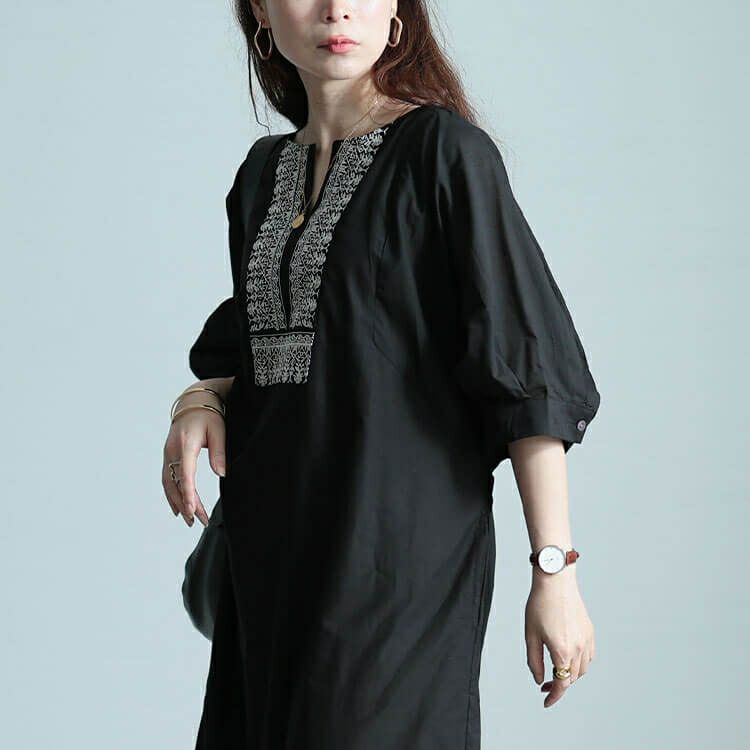 大きいサイズ レディース エスニック刺繍キーネックインド綿ワンピース　kt-24mi3 【メール便可】