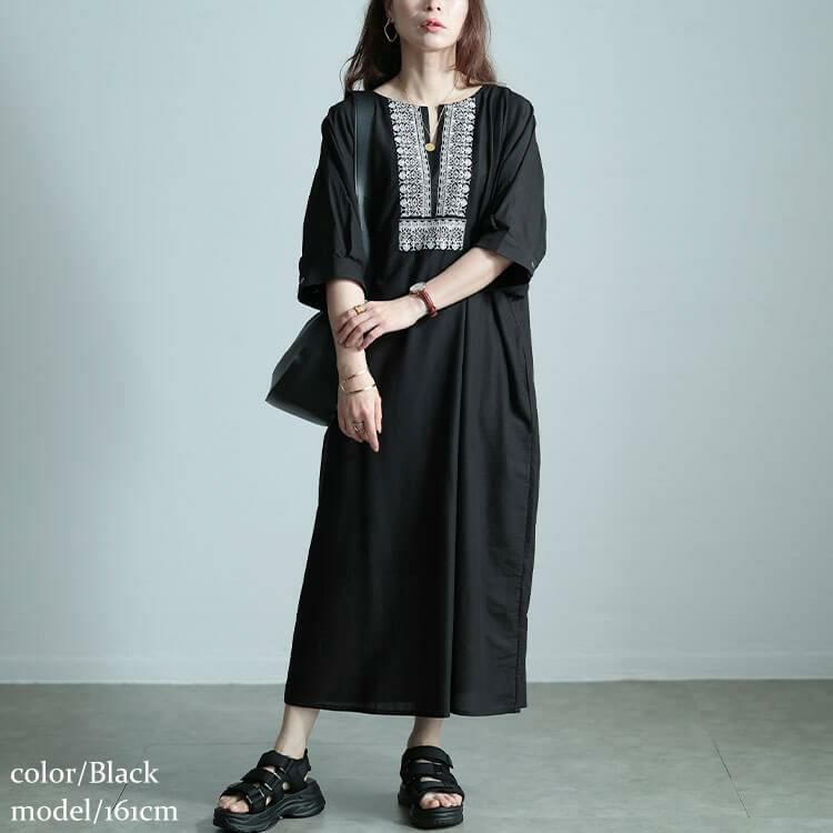 大きいサイズ レディース エスニック刺繍キーネックインド綿ワンピース　kt-24mi3 【メール便可】 ブラック