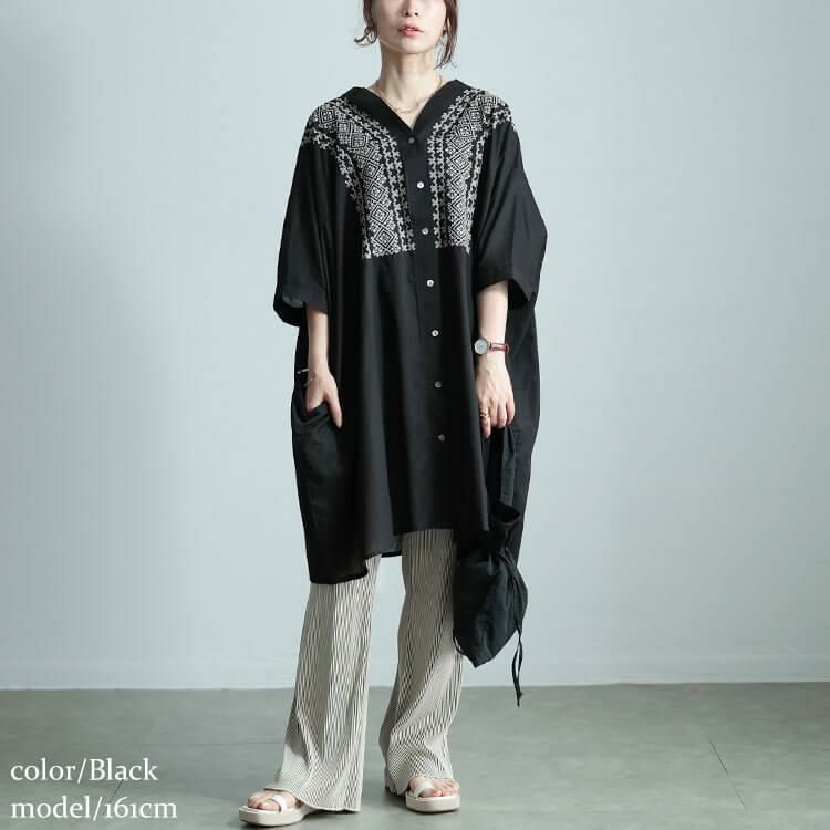 大きいサイズ レディース エスニック刺繍Vネックインド綿チュニック　kt-24mi2 【メール便可】 ブラック