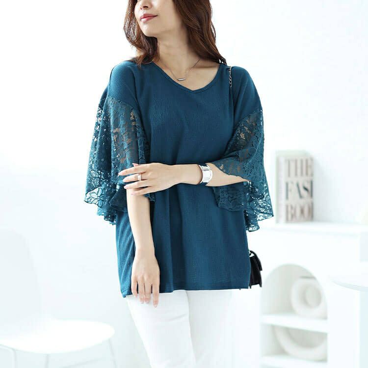 大きいサイズ レディース フラワーレースフレアスリーブプルオーバー　kt-7824720 【メール便可】