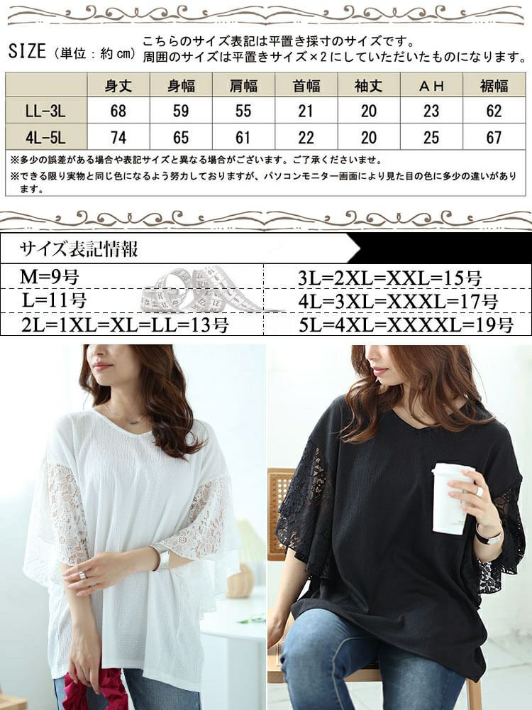 大きいサイズ レディース フラワーレースフレアスリーブプルオーバー　kt-7824720 【メール便可】