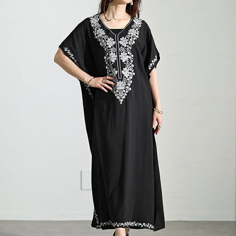 大きいサイズ レディース フラワー刺繍サイドスリットカフタンワンピース　nh240301 【メール便可】