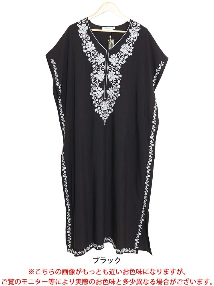大きいサイズ レディース フラワー刺繍サイドスリットカフタンワンピース　nh240301 【メール便可】