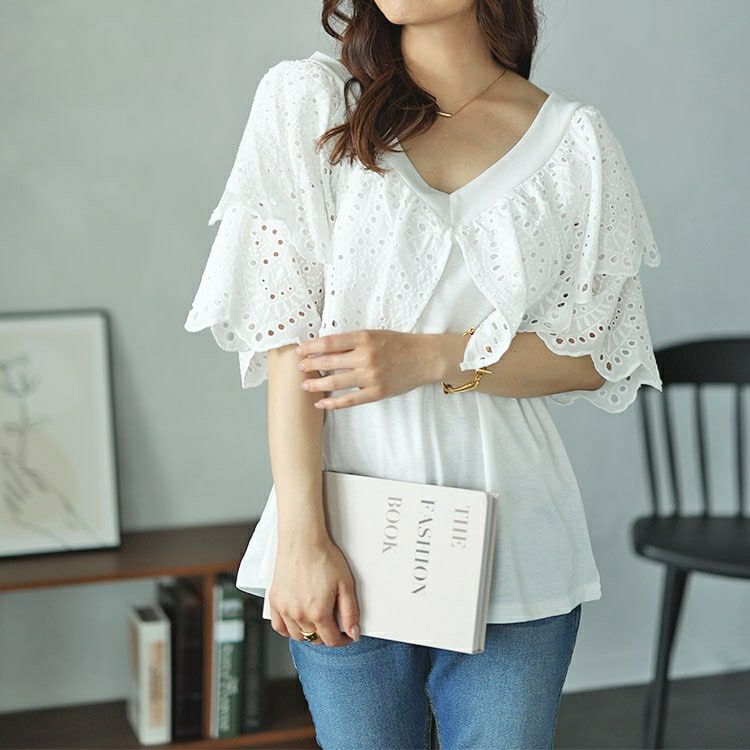 大きいサイズ レディース Vネックカットワークレースブラウス　nh240315 【メール便可】