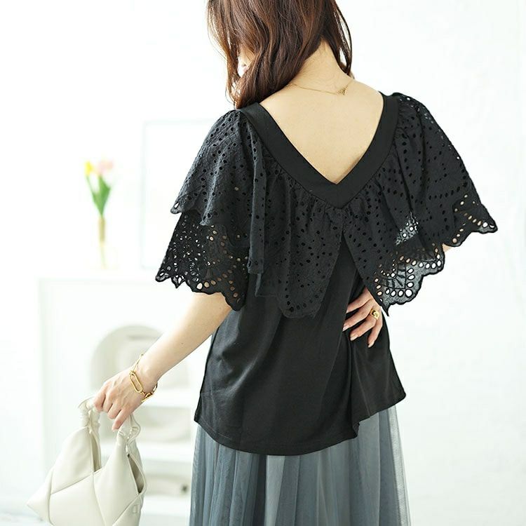 大きいサイズ レディース Vネックカットワークレースブラウス　nh240315 【メール便可】