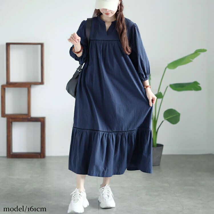 大きいサイズ レディース ピンタックコットンティアードワンピース　maru-30015