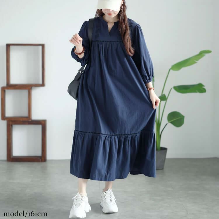 大きいサイズ レディース ピンタックコットンティアードワンピース　maru-30015 ネイビー