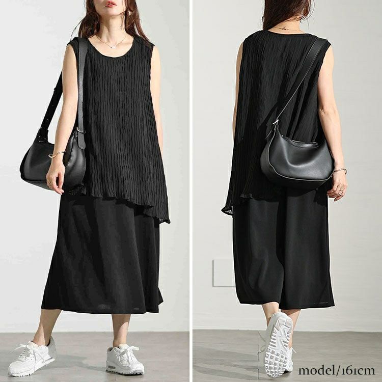 大きいサイズ レディース プリーツイレギュラーヘムレイヤードノースリーブワンピース　maru-30006