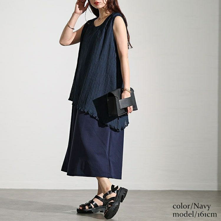 大きいサイズ レディース プリーツイレギュラーヘムレイヤードノースリーブワンピース　maru-30006