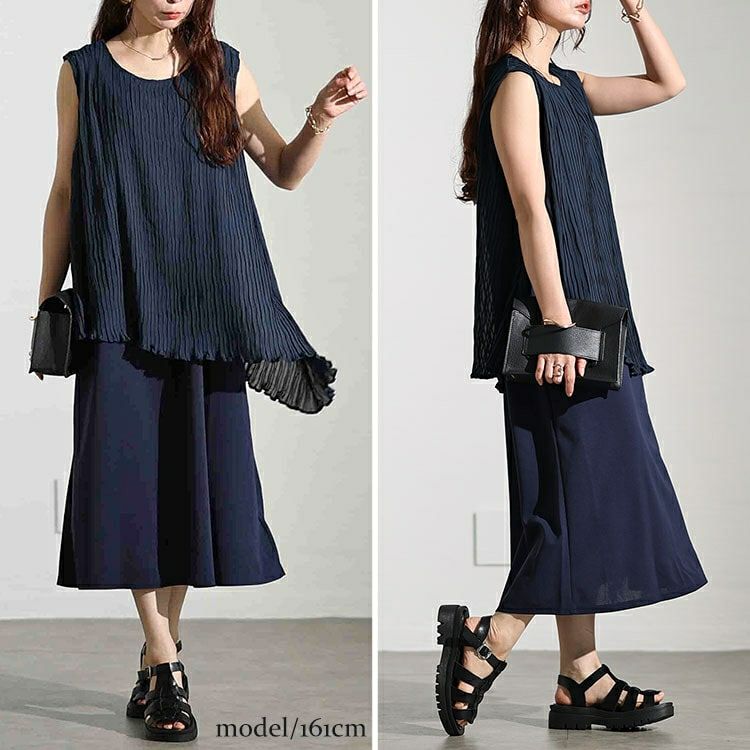 大きいサイズ レディース プリーツイレギュラーヘムレイヤードノースリーブワンピース　maru-30006