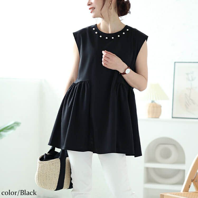 大きいサイズ レディース パール付きバックリボンペプラムチュニック　ch-2012