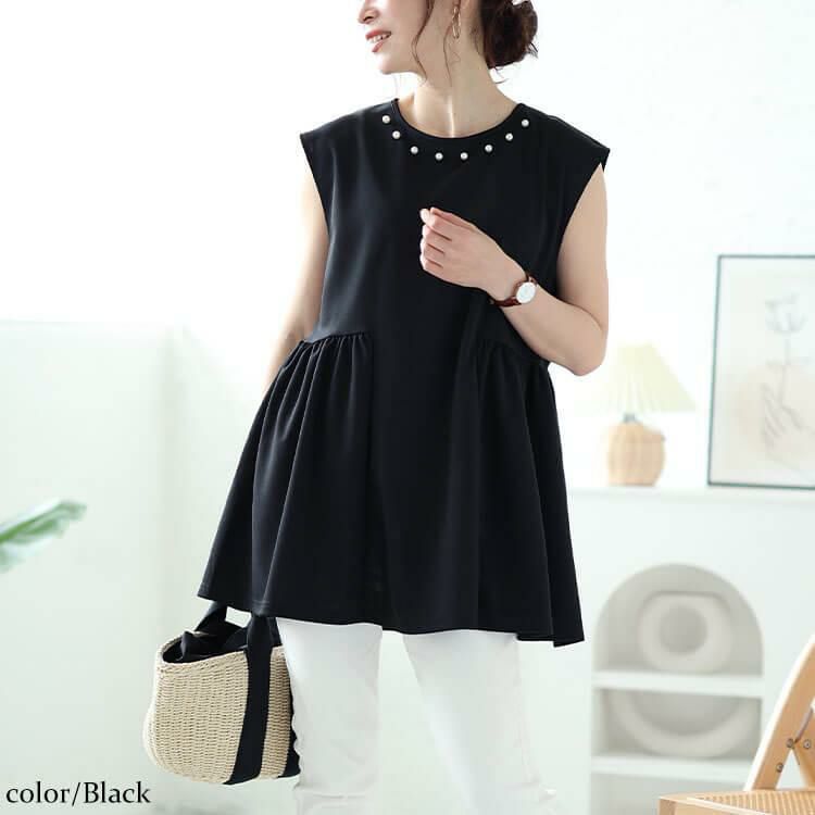 大きいサイズ レディース パール付きバックリボンペプラムチュニック　ch-2012 ブラック