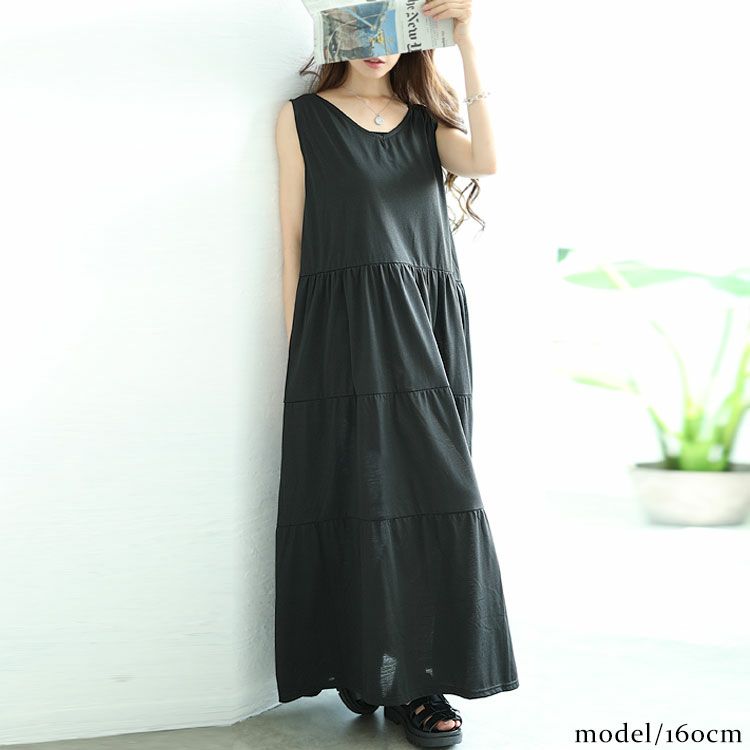 大きいサイズ レディース Vネックノースリーブティアードワンピース